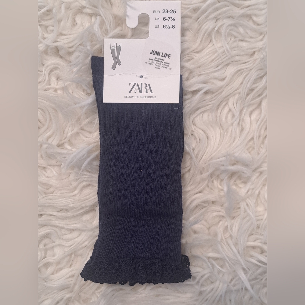 Brand New Zara Toddler Girls Navy Blue Knee High Socks With Lace Trims